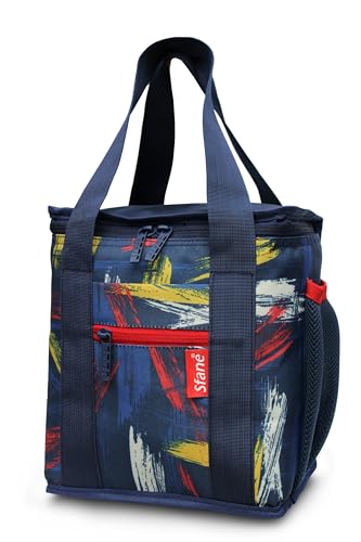 Image of Sfane Insulated Lunch Bag - Compact, Easy Wash, Smooth Zipper & Lightweight - Tote Bag & Container, Tiffin Bag for Men, Women, Adults (Navy Blue, Red & Yellow)