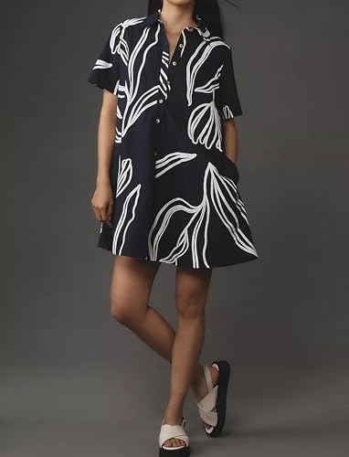 Image of Dsewpaur Short Sleeve Swing Tunic Mini Dress for Women Button Up Shirt Blouse Short Dress Summer Casual Flowy A Line Dress
