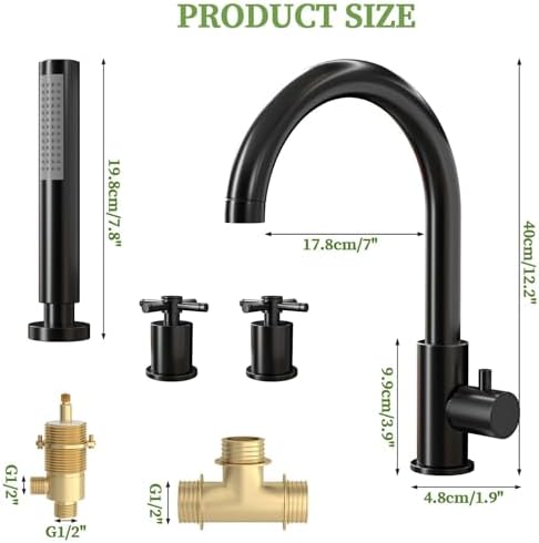NBYTLT Brass Roman Tub Faucets with Hand Shower, Bathtub Faucet, 2 Cross Handles 4-Hole Bathtub Faucet, Deck Mount Bathroom Faucet, Matte Black - 1