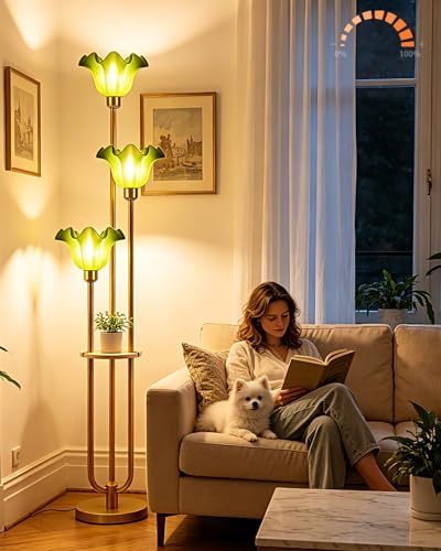Image of Green Flower Floor Lamp for Living Room, Mid Century Modern Floor Lamp Dimmable with Shelf & LED Bulbs, 3 Light Warmwhite Gold Tall Standing Lamp for Bedroom Girls Room Home Decor