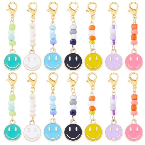 SUPERFINDINGS 28Pcs 7 Colors Smile Face Charm Pendants Happy Face Pendant with Glass Beads Clip on Charms Zipper Pulls Charm Alloy Lobster Claw Clasps Pendants for DIY Keychain Jewelry Making