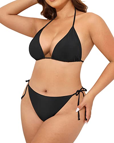 Tempt Me Women Plus Size Triangle Bikini String Two Piece Halter Tie Side Swimsuit Black 18 Plus #TOP4