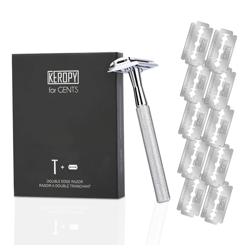 KEROPY Single Blade Safety Razor With 10 Premium Stainless Steel Blades Double Edge Safety Razors For Men, Smooth Wet Shave Experience, Glossy Silver