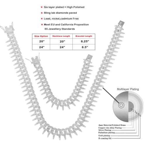 HH BLING EMPIRE Mens Gold Silver Plated Spike Cuban Link Chain Necklace and Bracelet Sets, Chunky Iced Out Diamond Miami Cuban Link Chains Hip Hop Jewelry2
