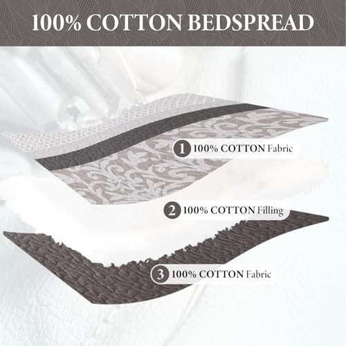 Bedduvit 100% Cotton 120"x128" Oversized California King Bedspreads - Farmhouse Botanical Cal King Bedspread Set, 3pcs Lightweight Rustic Striped Patchwork Extra Large Cotton Quilts, Brown/Gray/White - image 4