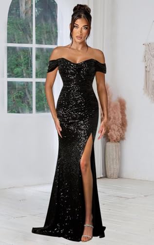 POMUYOO Sequin Prom Dress for Women Sparkly Mermaid Long Formal Party Gown with Slit YG3044