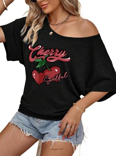 Image of Hilinker Womens Sexy Off The Shoulder Tops Short Batwing Sleeve T Shirt Oversized Casual Tee