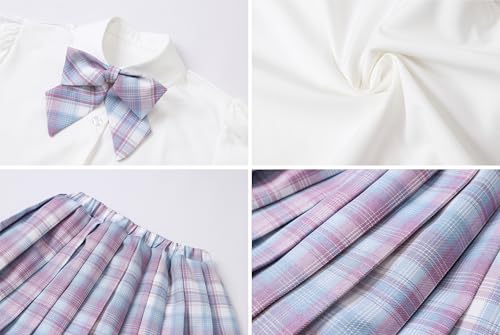 Image of Betusline Girls Skirt Set JK School Uniform 2-Piece Outfit - Short Sleeve Shirt with Bow & Pleated Skirt 4T-14Y