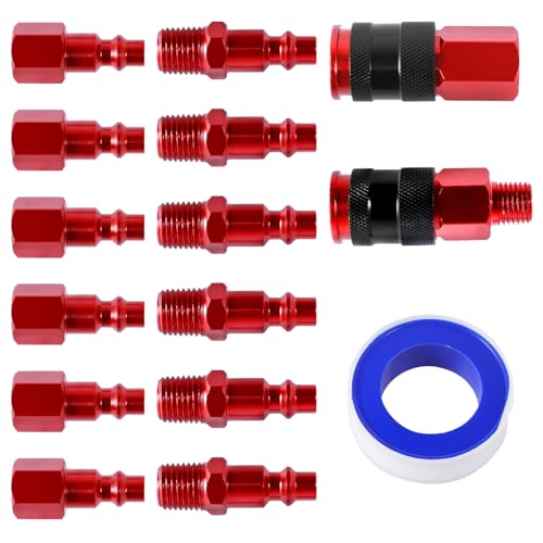 15Pcs Air Coupler and Plug Kit US Aluminum 1/4inch NPT Quick Connect Air Fitting Set Leakproof Male and Female Air Hose Fitting Set with Tape Air Tool Fitting Set for Air Hose(15pcs,gules)