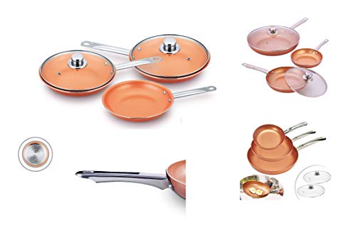 Juego de 3 Sartenes Style Cobre, y 2 Tapas de Cristal. Mango de Acero Inoxidable. Revestimiento...