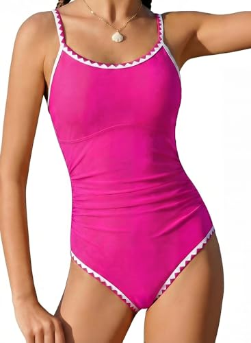 Image of XiaoMoSha Girls One Piece Swimsuit Adjustable Straps Bathing Suit Teen Girl Color Block Trim Padded Beach Swimwear 6-16 Years