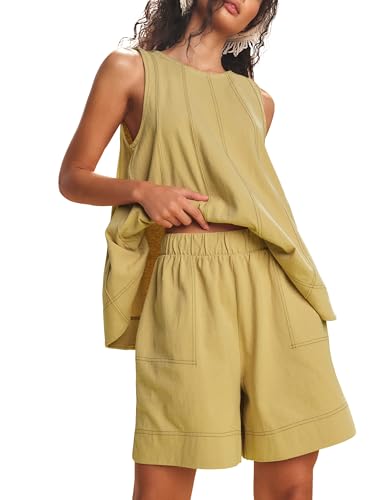 Tomosc Womens 2 Piece Lounge Set Casual Summer Outfits Sleeveless Tank Top and Elastic Waist Shorts with Pockets (18W-Yellow-S)