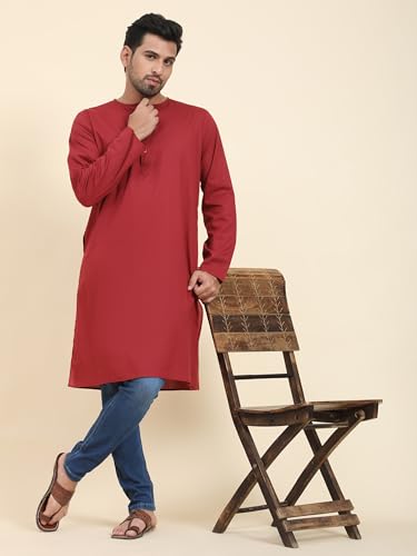 Image of Amazon Brand - Anarva Men's Cotton Solid Round Neck Kurta Long Sleeves Straight Knee Length Casual Shirt