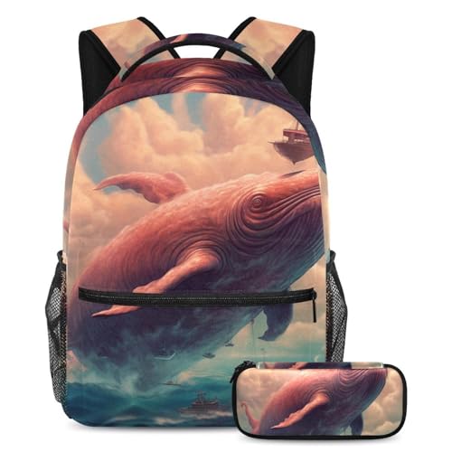 Sac à dos école original bleu et rose motif baleine avec trousse scolaire pour ado