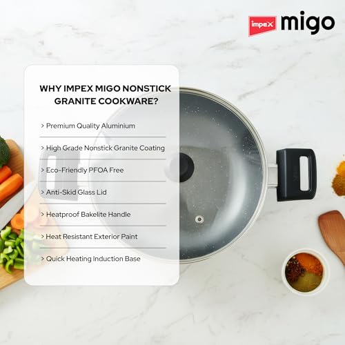 Image of Impex Nonstick Deep Kadai Pan with Glass Lid | Non Stick Aluminium Kadhai | 3 Litre Capacity | Induction and Gas Stove Compatible | Heatproof Handles | PFOA Free | 1 Year Warranty
