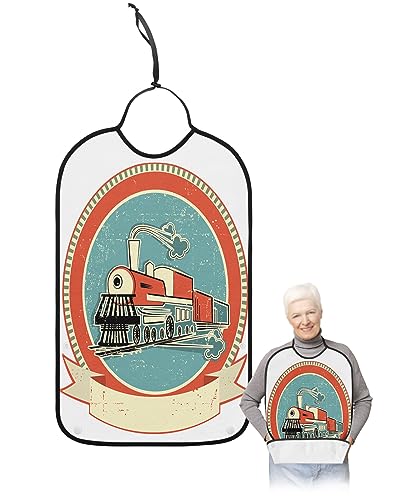 YOUNGKIDS Antique Train Adult Bibs for Eating, Waterproof Washable Adult Bib for Elderly Women Man, Vintage Steam Locomotive Reusable Clothing Protector with Detachable Crumb Catcher - Unisex