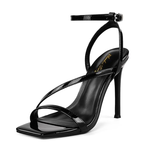 Image of Elisabet Tang Women's Crystal Stilettos Heeled Sandals, 4 Inch Square Open Toe Strappy Sexy High Heels Ankle Strap Buckle Heels for Party Wedding Dress Daily Wear Shoes