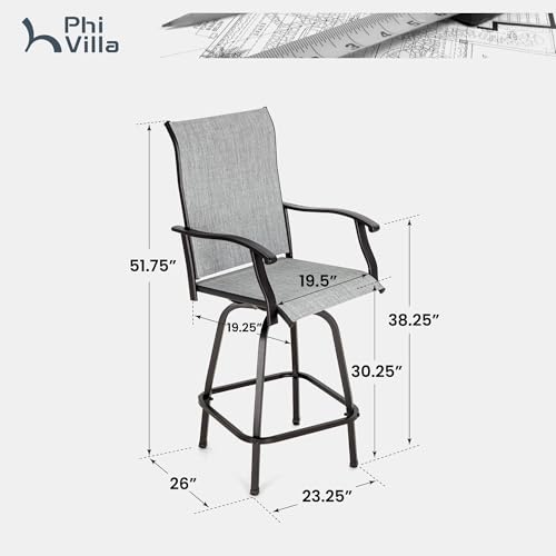 Image of PHI VILLA Outdoor Swivel Patio Bar Stools Set of 6, 30 Inch Bar Height Tall Patio Chairs with Back & Armrest, Durable Textilene Fabric in Grey for Deck Lawn Garden