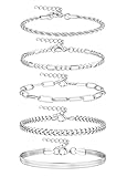 CASSIECA 5 Pièces Bracelets Argent Pour Femmes Dames Bracelets Plaqués Argent Bracelet Chaîne Maillons Délicats Couches Bracelets Empilables Réglables Bijoux Argent Pour Femmes