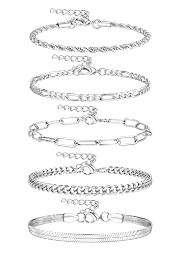 CASSIECA 5 Pcs Sterling Silver Bracelets for Women Ladies Silver Bracelets Set Layered Dainty Link Chain Bracelet Adjustable Stackable Bracelets for Women Girls