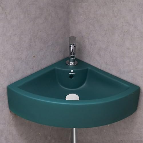Image of REMANENCE Ceramic Wall Hung Corner Wash Basin for Bathroom | Wall Mounted Corner Sink (20.4 x 15 x 6 Inch) (Green)