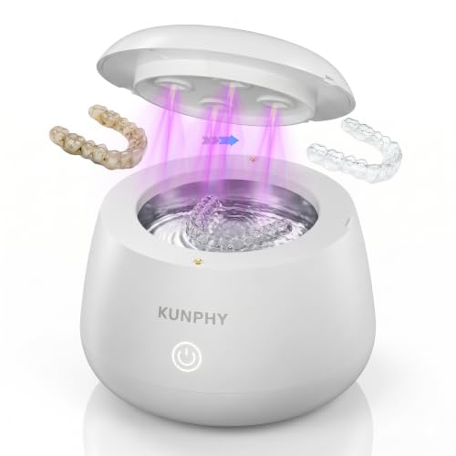 Image of Ultrasonic Retainer Cleaner Machine, 48kHz Dental Cleaning Pod Home | 4 LED Light 48KHz Ultrasound Portable Mouthguard Night Guard Cleaner, IPX7 Waterproof, Quiet 45dB, Overheat Protection, White