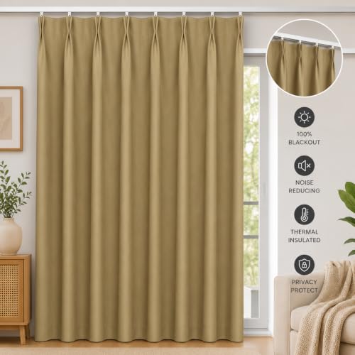 Image of KALIYO Gold Blackout Pinch Pleat Curtains for Living Room & Bedroom | Room Darkening Curtains | Pinch Pleat Header| Noise Reducing | 8 Ft | Pack of 2