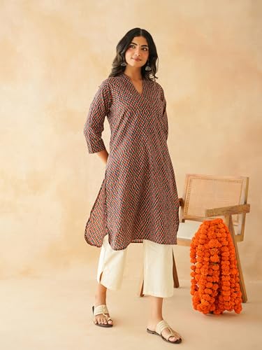 Image of GOODHAND Women Cotton Block Printed Kurta, Straight Fit Ethnic Kurti for Daily,Office & Casual Use