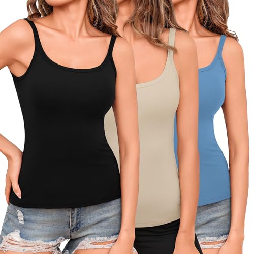 Totatuit Women 3 Pack Ribbed Tank Tops Casual Fitted Camisole Square Neck Sleeveless Shirts Cropped Cami Undershirts Base Layer(Black, Nude, Blue) Small