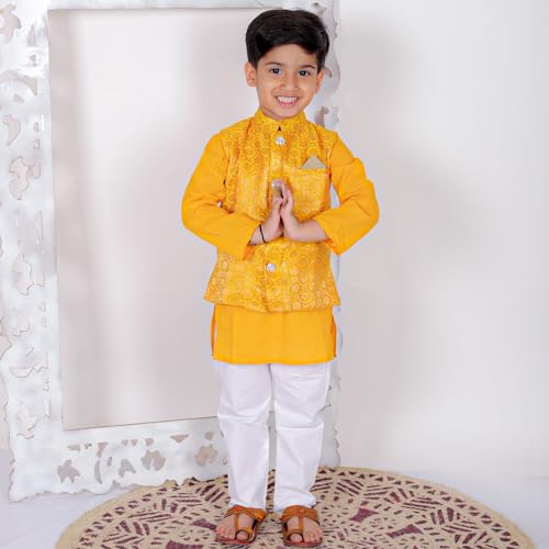 Image of Superminis Boy's Cottton Kurta Cotton Brocade Printed With Golden Thread Work Nehru Jacket and Elastic Closure Pyjama Set
