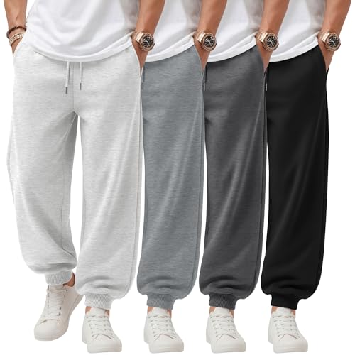 Baggyfly 4 Pack Mens Athletic Sweatpants Gym Casual Baggy Joggers Drawstring Elastic Bottom Basic Pants with Pockets(Black, Dark Mixed Gray, Light Mixed Gray, Heather White,Large)