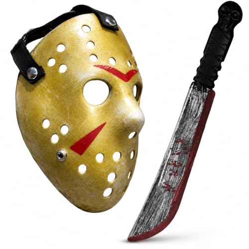 itsSpooky Yellow Horror Hockey Mask and Slasher Machete Set for Adult Halloween Cosplay