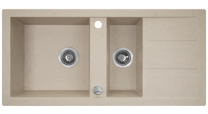 KOLMAN Granitspüle 48x100 cm Barbados Spülbecken 1,5 Becken Beige mit Abtropffläche, platzsparender Siphon