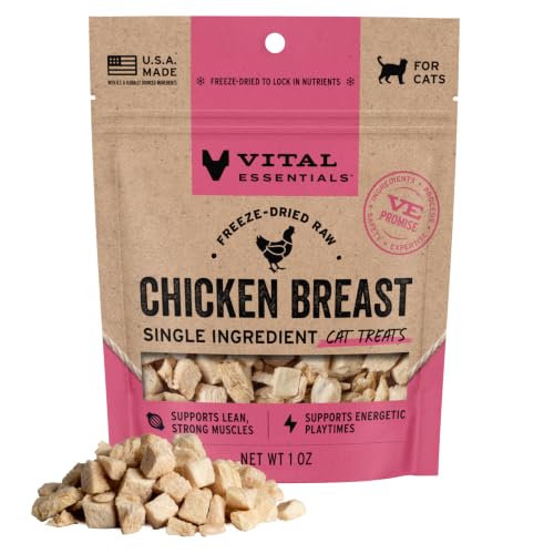 Vital Essentials Freeze Dried Cat Treats, Chicken Breast, 1 oz Bag | Single Ingredient, Premium Quality Protein, Grain-Free Healthy Treats, USA Made with U.S. & Globally Sourced Ingredients