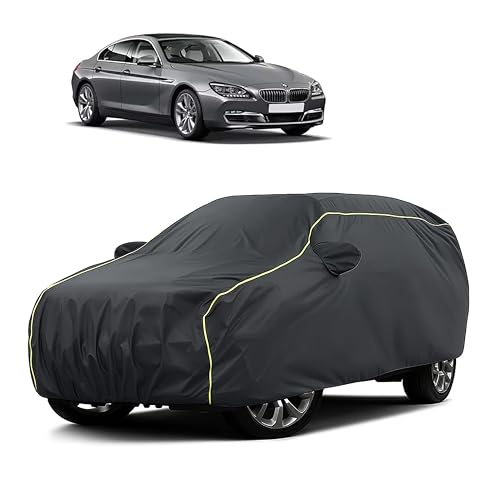 Image of Sulfar 100% Water Resistant Car Body Cover Compatible with Mirror for BMW 640D (Triple Stitched, Full Bottom Elastic, Dark Grey Taffeta with Yellow Piping)