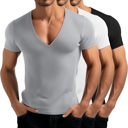 3 Pack Men's Deep V Neck T-Shirts Ribbed Knit Slim Fit Muscle Tee Shirts Summer Casual Low Cut Stretch Tops