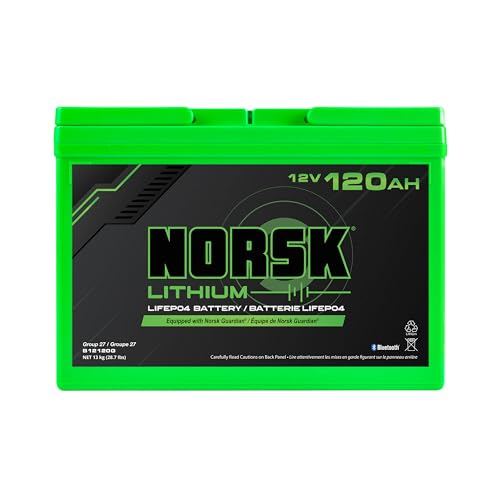 Norsk Lithium 12V 120AH LiFePO4 Deep Cycle Battery | Group 27 | Bluetooth | One-Touch Power Management Button | IP67 Waterproof | Perfect for RV, Solar, Boat, Marine, Trolling Motor