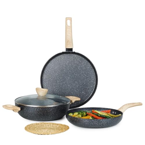 Image of Kreme Venetia Premium Granite Non-Stick 4 Pc Cookware Set | 24cm /2.5L Kadai with Lid 24cm /1.4L Frypan, 28cm Dosa Tawa | Granite Coating | Induction & Gas Stove Use | Healthy Low-Oil Cooking, Grey