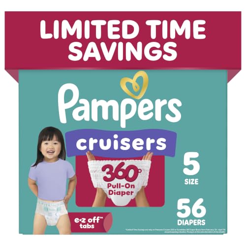 Image of Pampers Diapers - Cruisers 360 - Size 5, 56 Count, Babyproof up to 100% Leakproof Pull-On Diaper