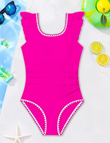 Image of Girls Swimsuit Ruffled Square Neck Color Contrast Trim One Piece Bathing Suit Geometric Girls' Swimwear 9-16Y