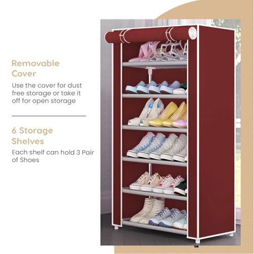 Image of YouCopia Shoe Rack for Home Non Woven Fabric - DIY Multipurpose Shoe Rack Organizer, 6-Layer Shoe Rack for Home -Shelf with Dustproof Door Entryway for Heels /Slippers /Boots (Maroon, 6-Layer)