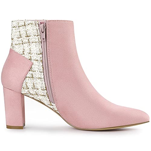 Allegra K Women's Tweed Plaid High Heel Boots Bow Chunky Heels Pink Ankle Boots - 7 M US