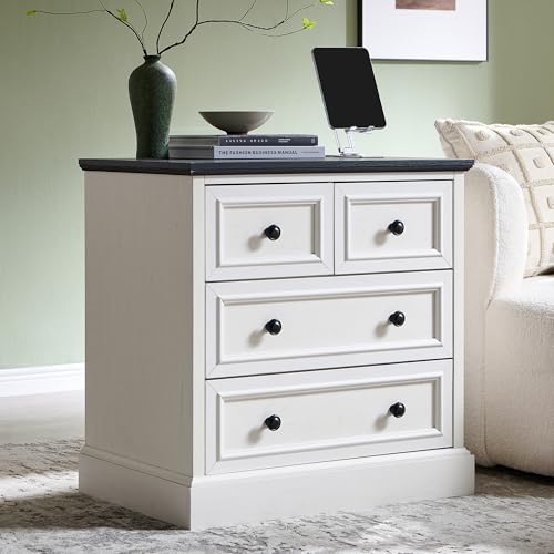 Image of ACCOHOHO Farmhouse Nightstand with 4 Drawers, 26 inch Wide End Table with Storage, Modern Nightstand with Charging Station for Bedroom, Off White