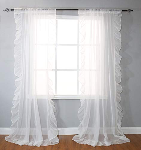 Seibeh Tex Solid Sheer Voile Ruffled Window Curtains Edge Rod Pocket Set Of 2 Panels For Bedroom Living Room (White, 52"×84")­ #TOP2