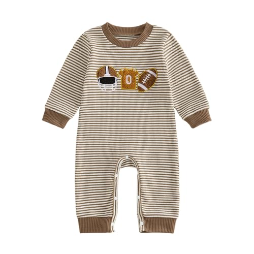 BemeyourBBs Newborn Baby Boy Fall Winter Clothes Long Sleeve Romper Jumpsuit Cute Infant One Piece Outfit (Football Striped Brown 12-18 Months)