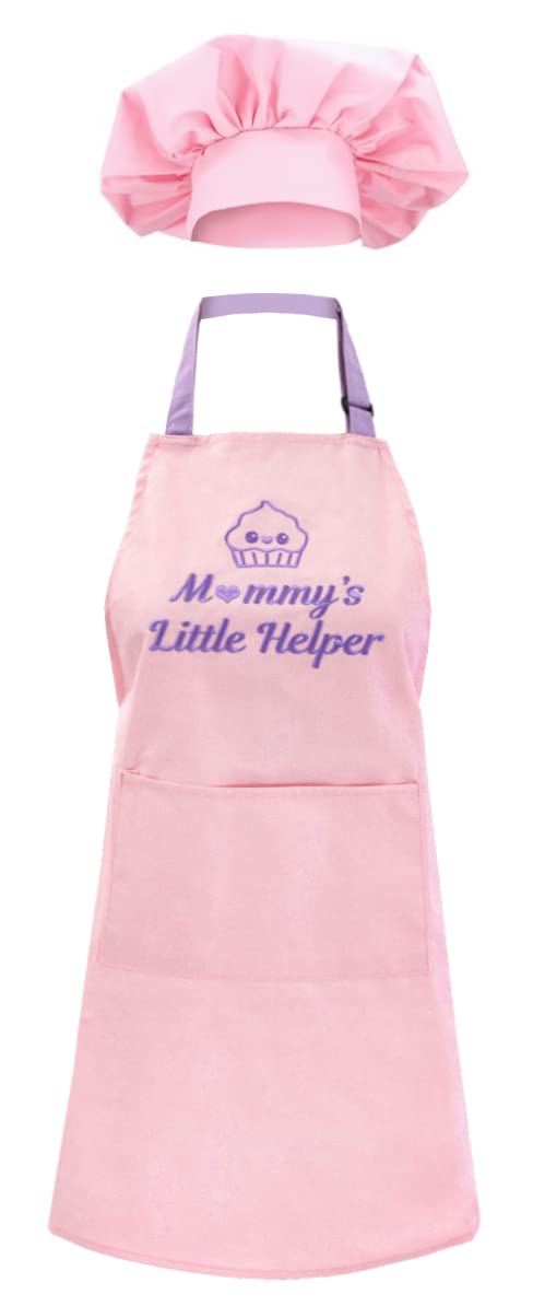 Littlebit & VixKids Aprons for Girls with Chef Hat Matching Apron Set for Cooking Baking Kitchen - Girl Daughter Child Apron Gift Pink Purple Cupcake Apron, Pink & Purple, Kids Size