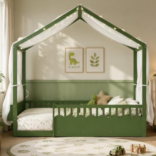 Image of Bellemave Full House BedFrame with Canopy, Montessori House Bed with LED and Bookshelf and Rails for Kids, Green