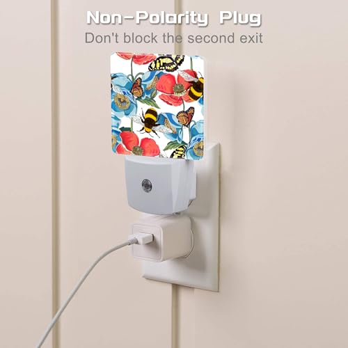 Image of Red Poppy Flowers with Bee Butterflies Night Light for Kids,Bright Floral Insects Night Light Plug in with Dusk to Dawn Sensor,0.5w Energy Saving Nightlight for Hallway Stairway Kitchen Bedroom