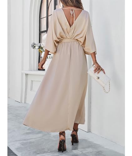 Image of SEMATOMALA Women's Satin Batwing Sleeve Cocktail Evening A Line Long Dress V Neck Ruched Loose Maxi Dress