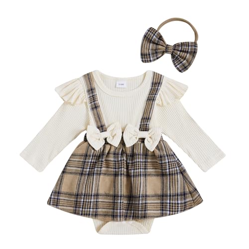 Aiwpstoin Newborn Baby Girl Romper Fall Winter Outfit Plaid Romper Dress Long Sleeve Ribbed Knit Jumpsuit with Headband (Cream White, 3-6 Months)